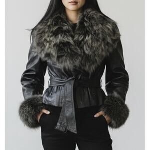 Faux Fur Trim Leather Jacket Belted Black Womens Medium Plush Collar & Cuffs
